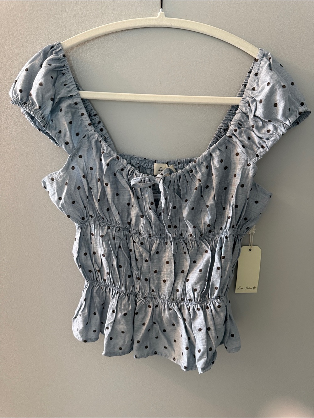 LOVE NOTES Light Blue Top w Black Polka Dots and Ruffle-Sleeve, L, NWT
